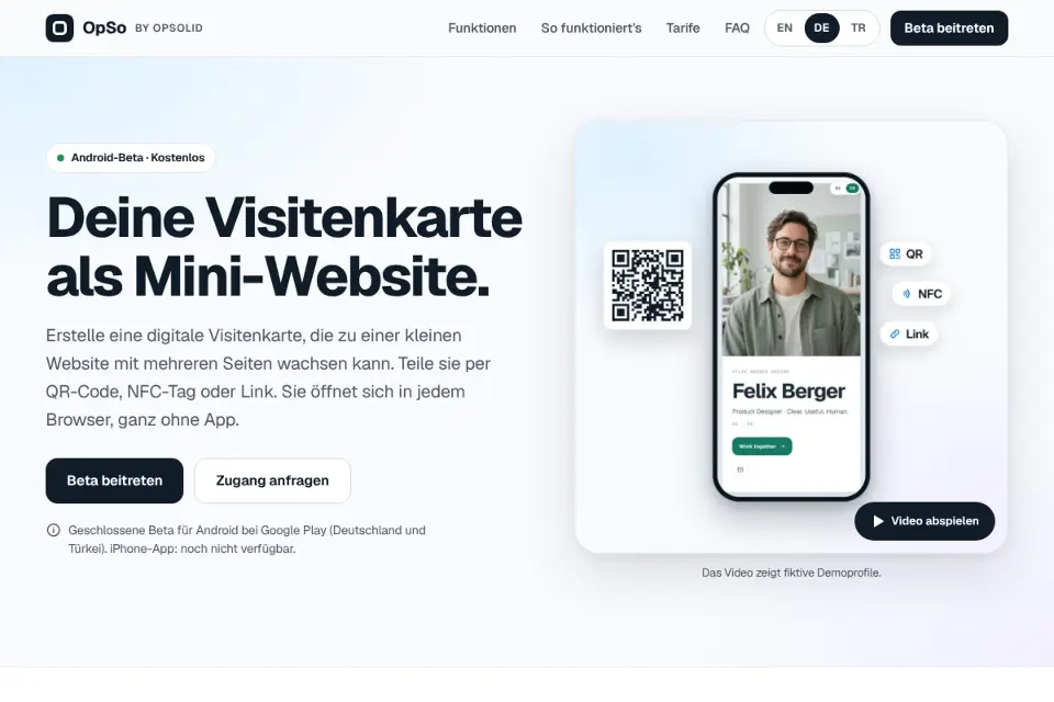 The OpSo home page in German: the headline “Deine Visitenkarte als Mini-Website.” (Your business card as a mini website.) beside a phone showing a fictional demo profile, a QR code and NFC and link labels