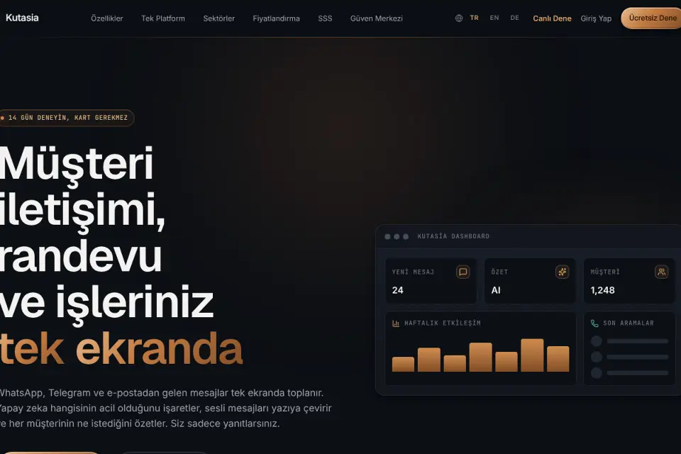 The Kutasia home page in Turkish: a headline about customer communication and appointments on one screen, beside a dashboard view with messages and weekly statistics