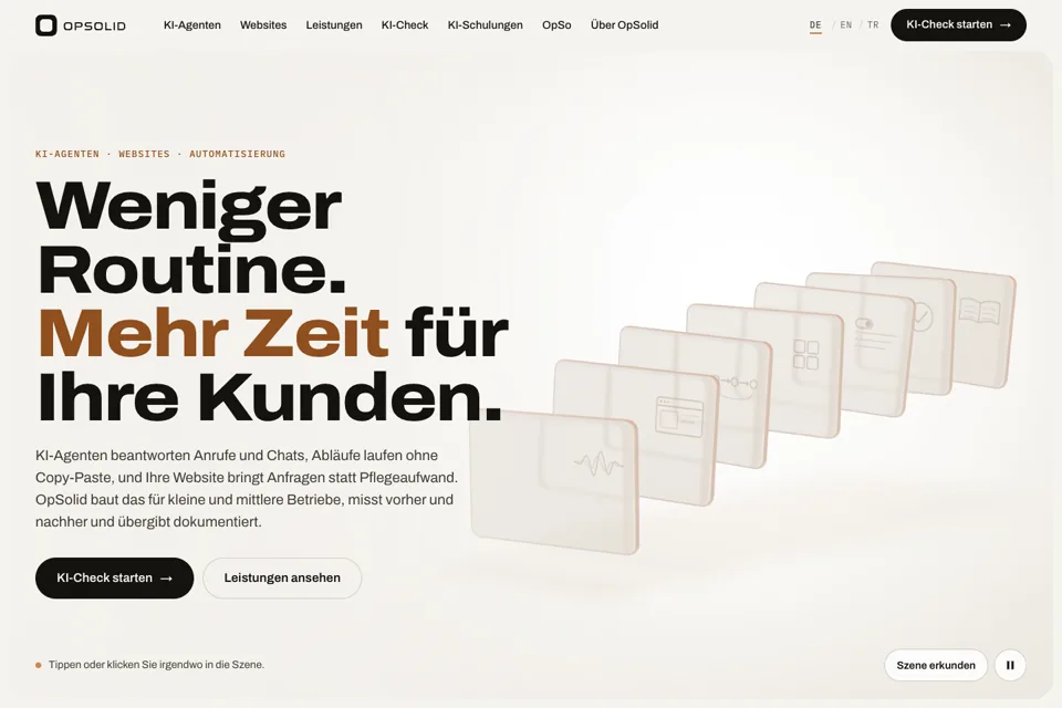 The opsolid.de home page in German: the headline “Weniger Routine. Mehr Zeit für Ihre Kunden.” (Less routine. More time for your customers.) in front of a light scene of seven glass plates, one per service
